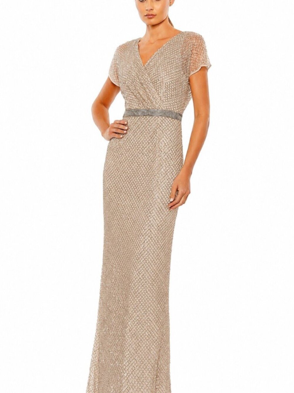 Mac Duggal Plus Size 24 Beige 93994 Beaded Wrap Short Sleeve Formal Gown Dress